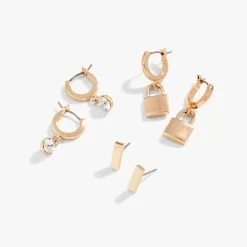 Lock + Crystal Earrings, Set Of 3