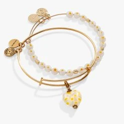 Daisy Heart Charm Bangle Bracelet, Set Of 2