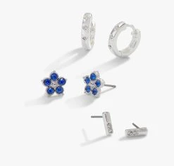 Crystal Forget-Me-Not Flower Stud + Hoop Earrings, Set Of 3