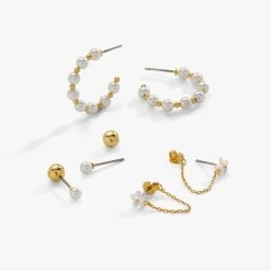 Daisy Stud + Hoop Earrings, Set Of 3