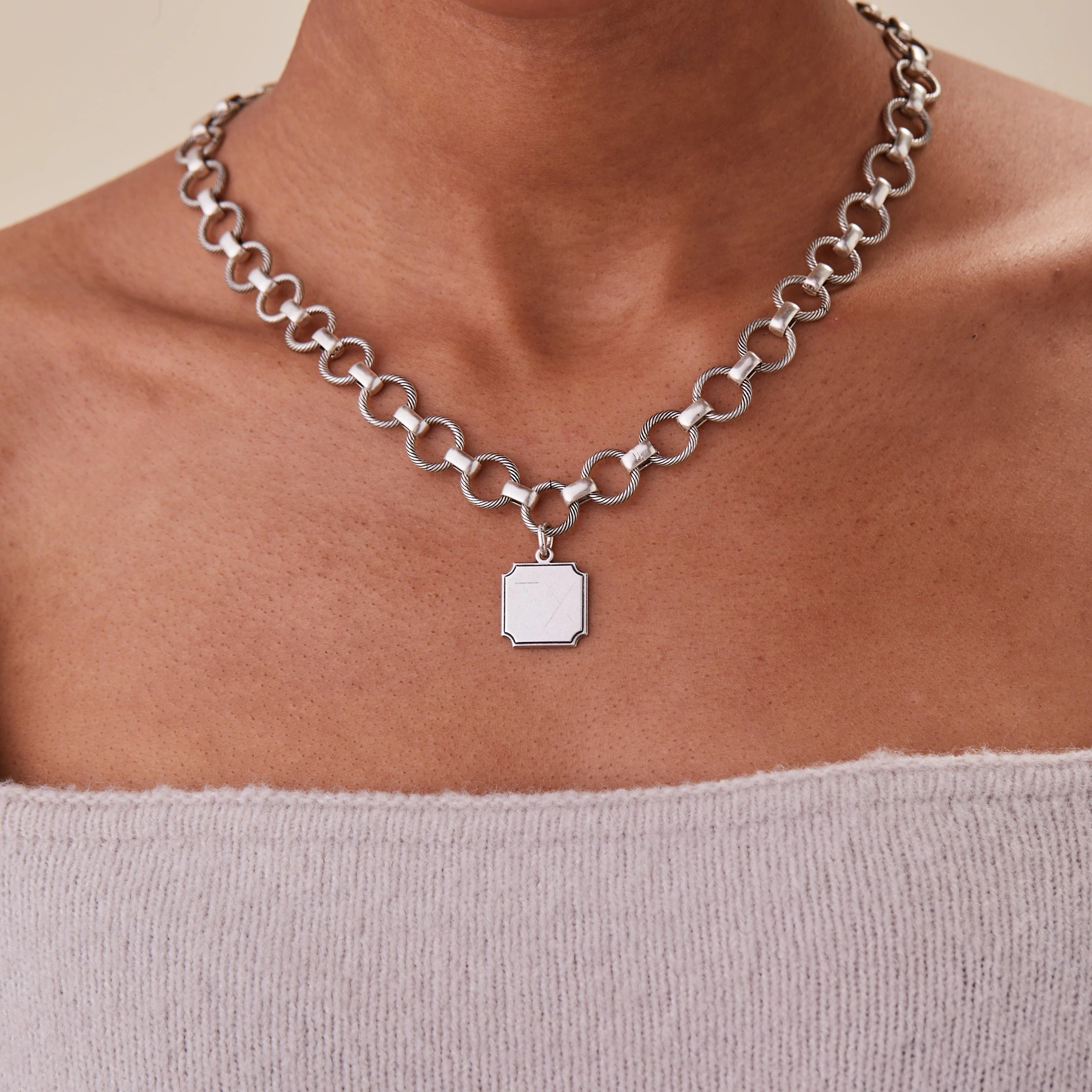Engravable Square Charm Chunky Chain Necklace, 20'' 6 Engravable Square Charm Chunky Chain Necklace, 20'' - Image 4