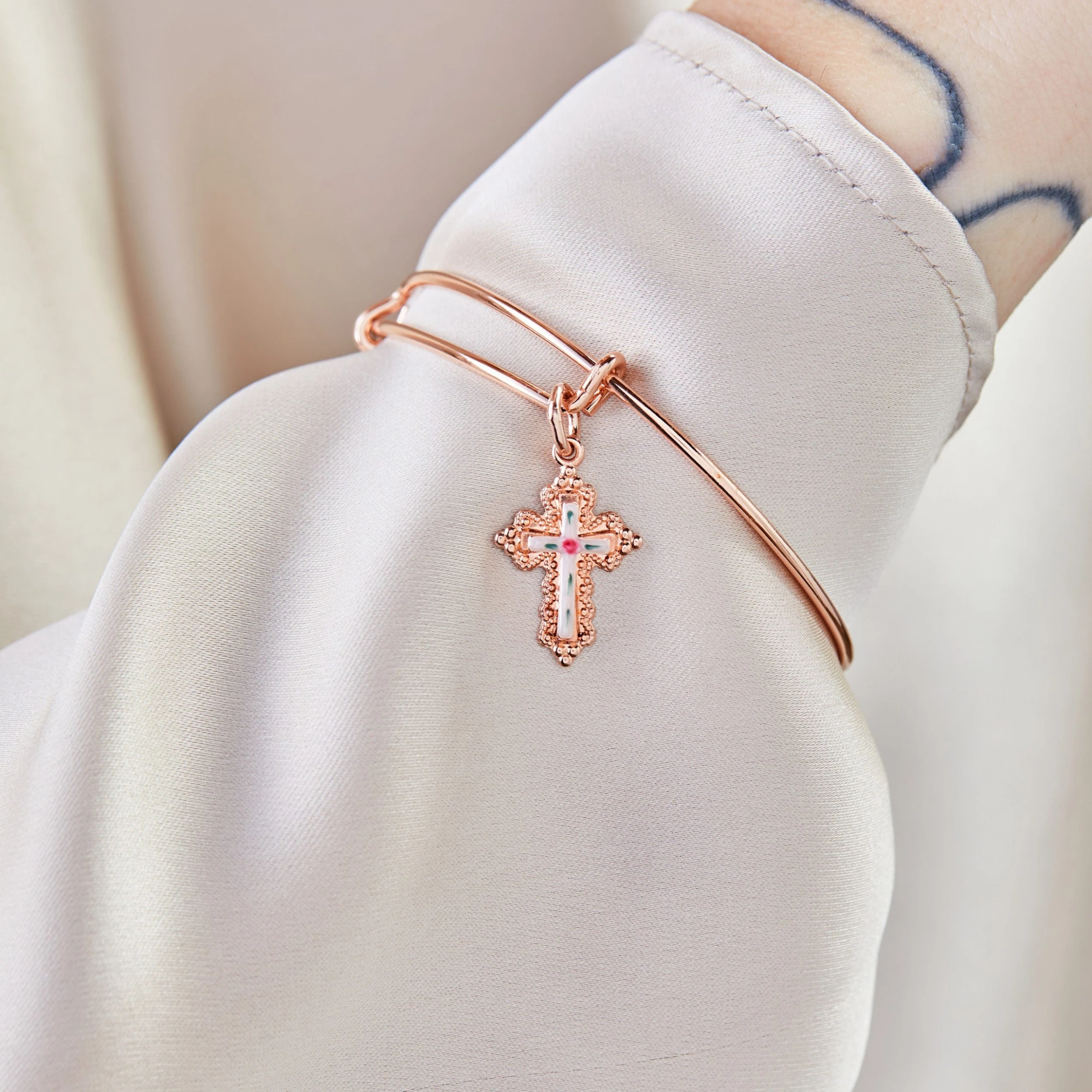 Floral Cross Charm Bangle Bracelet 6 Floral Cross Charm Bangle Bracelet - Image 4