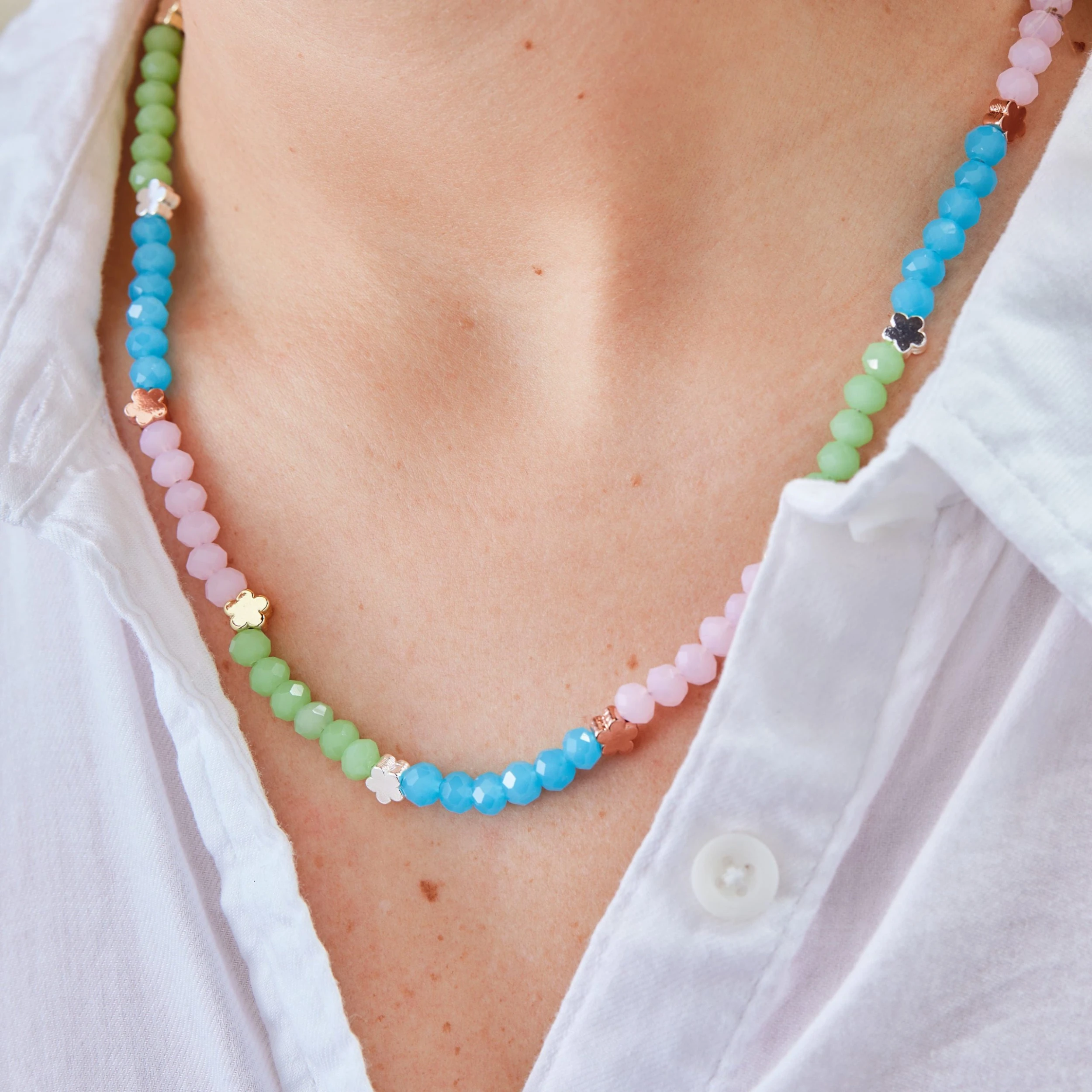 Flower + Bead Tri Color Necklace, Adjustable 4 Flower + Bead Tri Color Necklace, Adjustable - Image 2