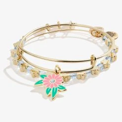 Flower Charm Bangle Bracelets, Set Of 2