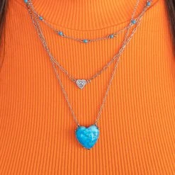 Delicate Heart Necklace, Reconstituted Turquoise -Alex And Ani Bracelets Shop gemstone heart necklace blue on model layered AA7517TU23SS