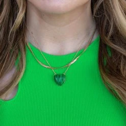 Gemstone Heart Necklace, Reconstituted Malachite -Alex And Ani Bracelets Shop gemstone heart necklace green on model layered AA7517MA23SG