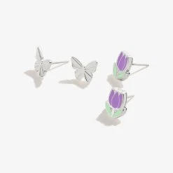 Happiness Flower + Butterfly Stud Earrings, Set Of 2