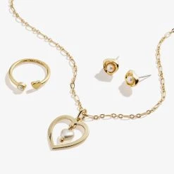 Pearl Heart Necklace, Stud Earring + Ring Set -Alex And Ani Bracelets Shop pearl heart necklace earring ring set AA619122GSSG