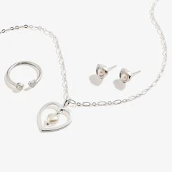Pearl Heart Necklace, Stud Earring + Ring Set