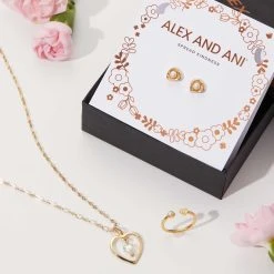 Pearl Heart Necklace, Stud Earring + Ring Set -Alex And Ani Bracelets Shop pearl necklace ring earring gift set flat lay mday 2022