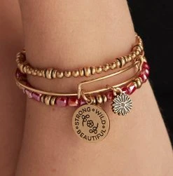 'Strong, Wild, Beautiful' Charm Bangles, Set Of 3 7 'Strong, Wild, Beautiful' Charm Bangles, Set Of 3 -Alex And Ani Bracelets Shop strong wild beautiful charm bangles set of 3 on model AA686222RG